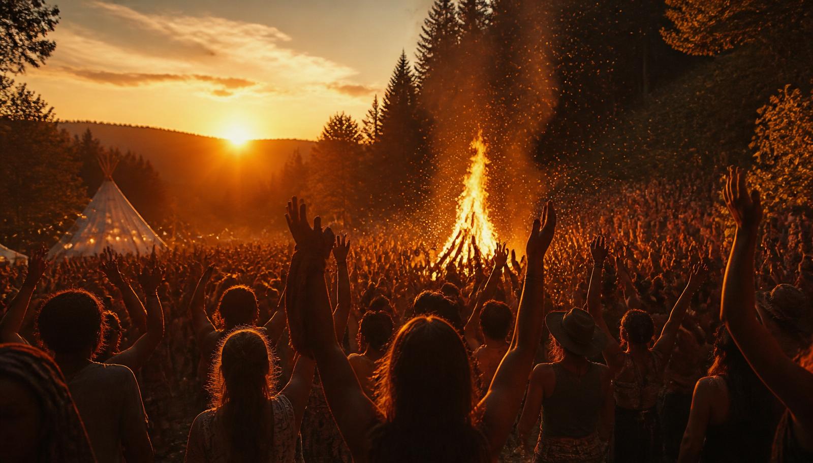 A crowd gathered around a bonfire at a festival at golden hour